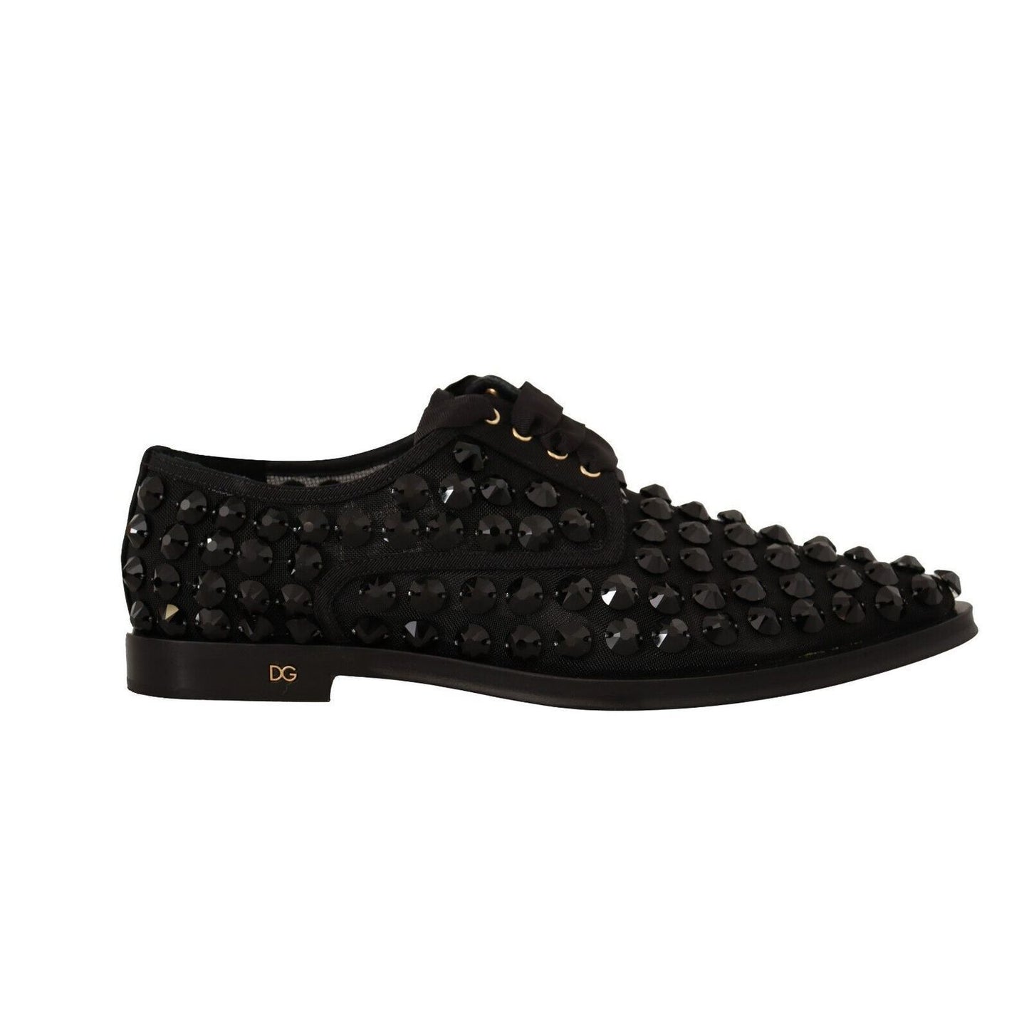 Dolce & Gabbana Black Lace Up Studded Formal Flats Shoes