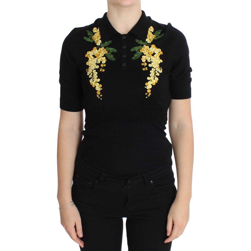 Dolce & Gabbana Black Silk Floral Embroidered Polo Top
