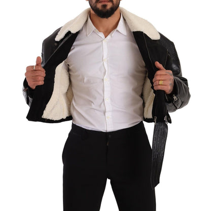 Dolce & Gabbana Black Leather Shearling Biker Coat Jacket