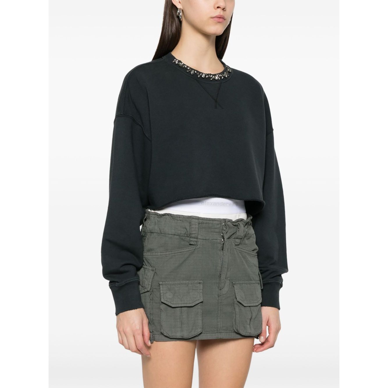 Golden Goose Cropped Cotton Sweatshirt with Crystals on the Front