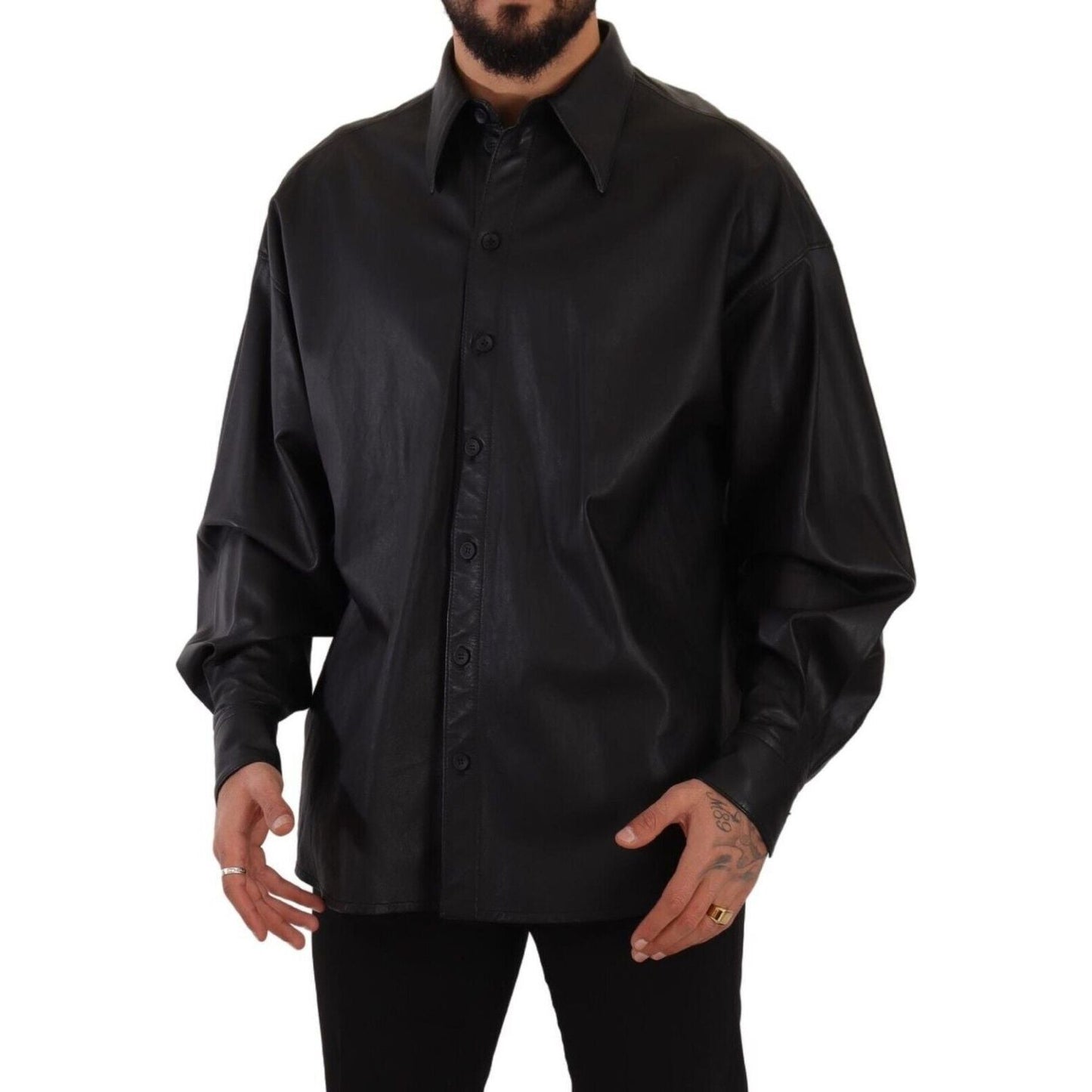 Dolce & Gabbana Black Leather Button Down Men Collared Jacket