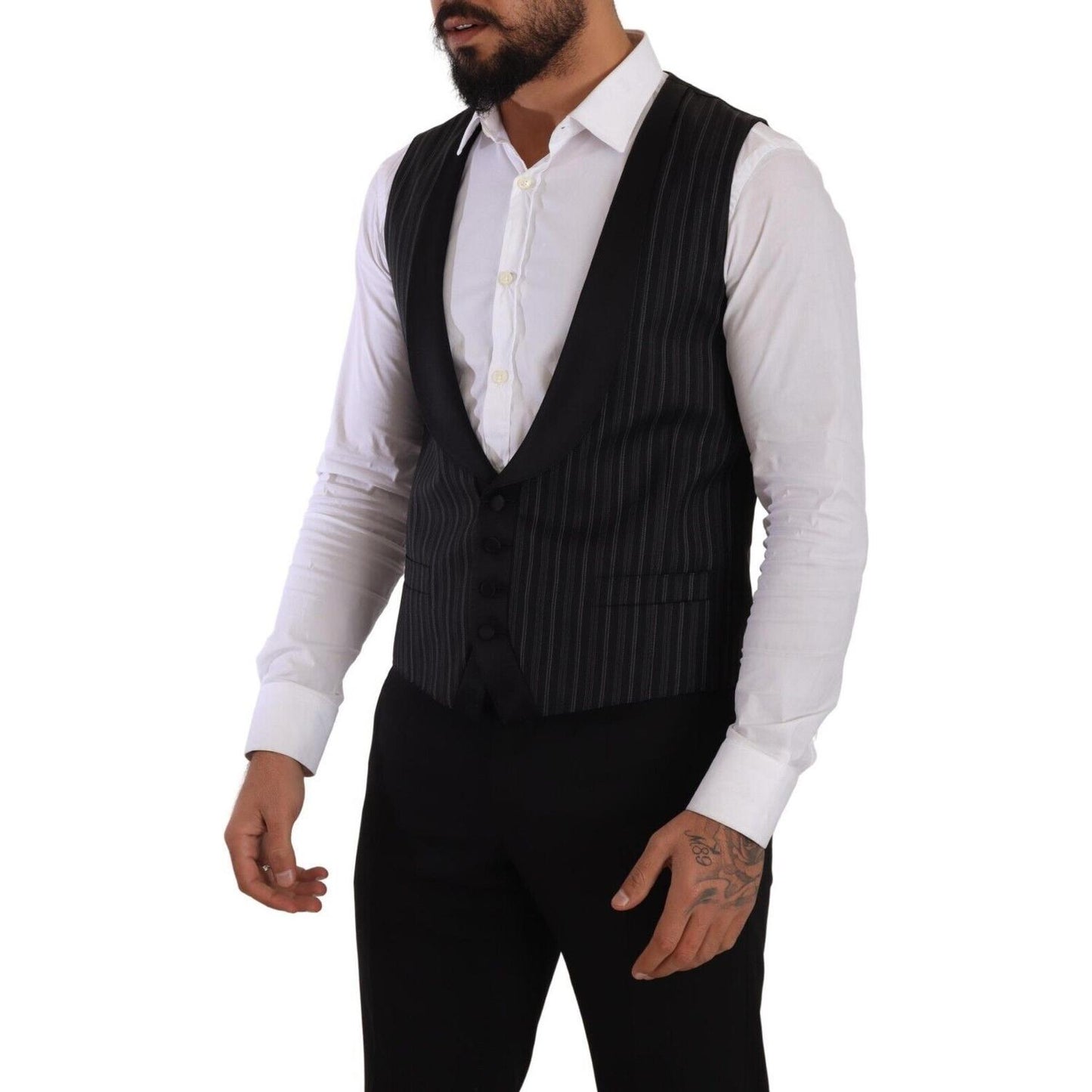 Dolce & Gabbana Black Striped Wool Silk Waistcoat Vest