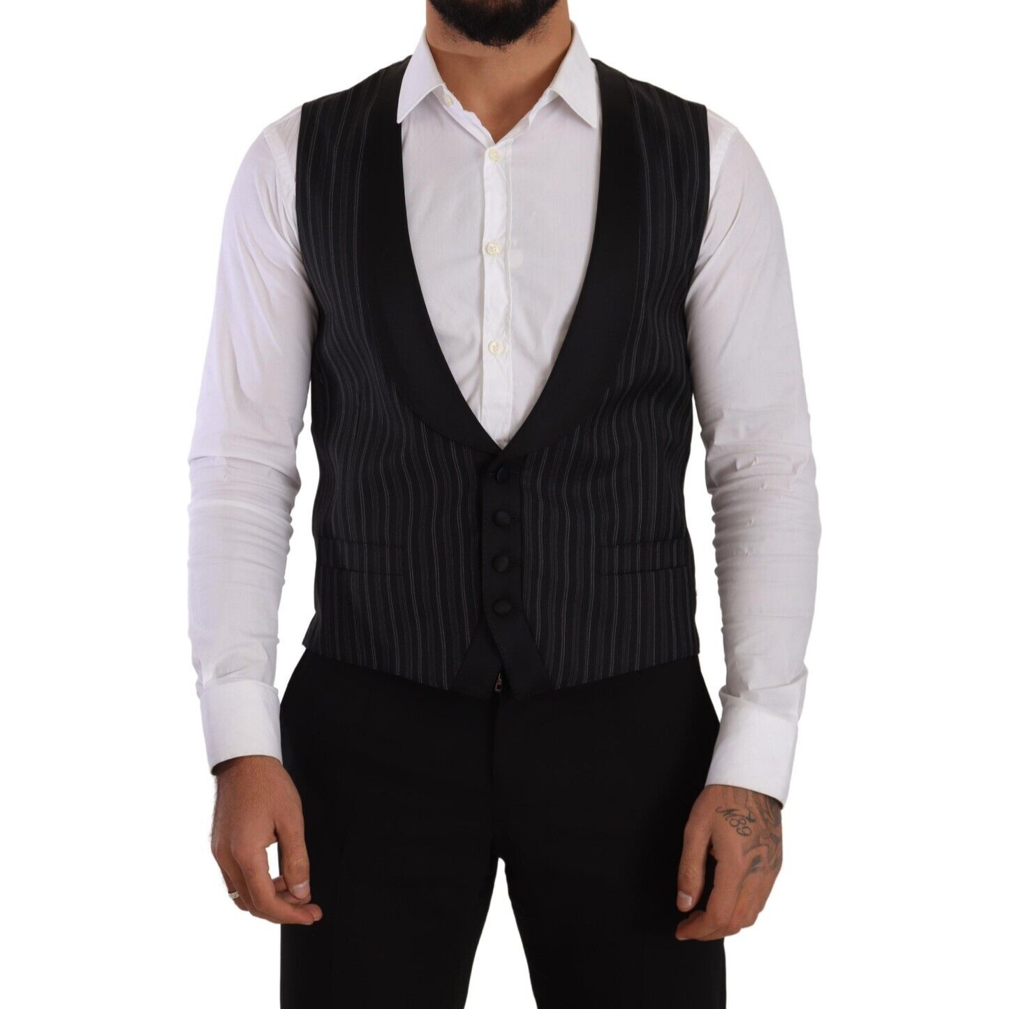 Dolce & Gabbana Black Striped Wool Silk Waistcoat Vest