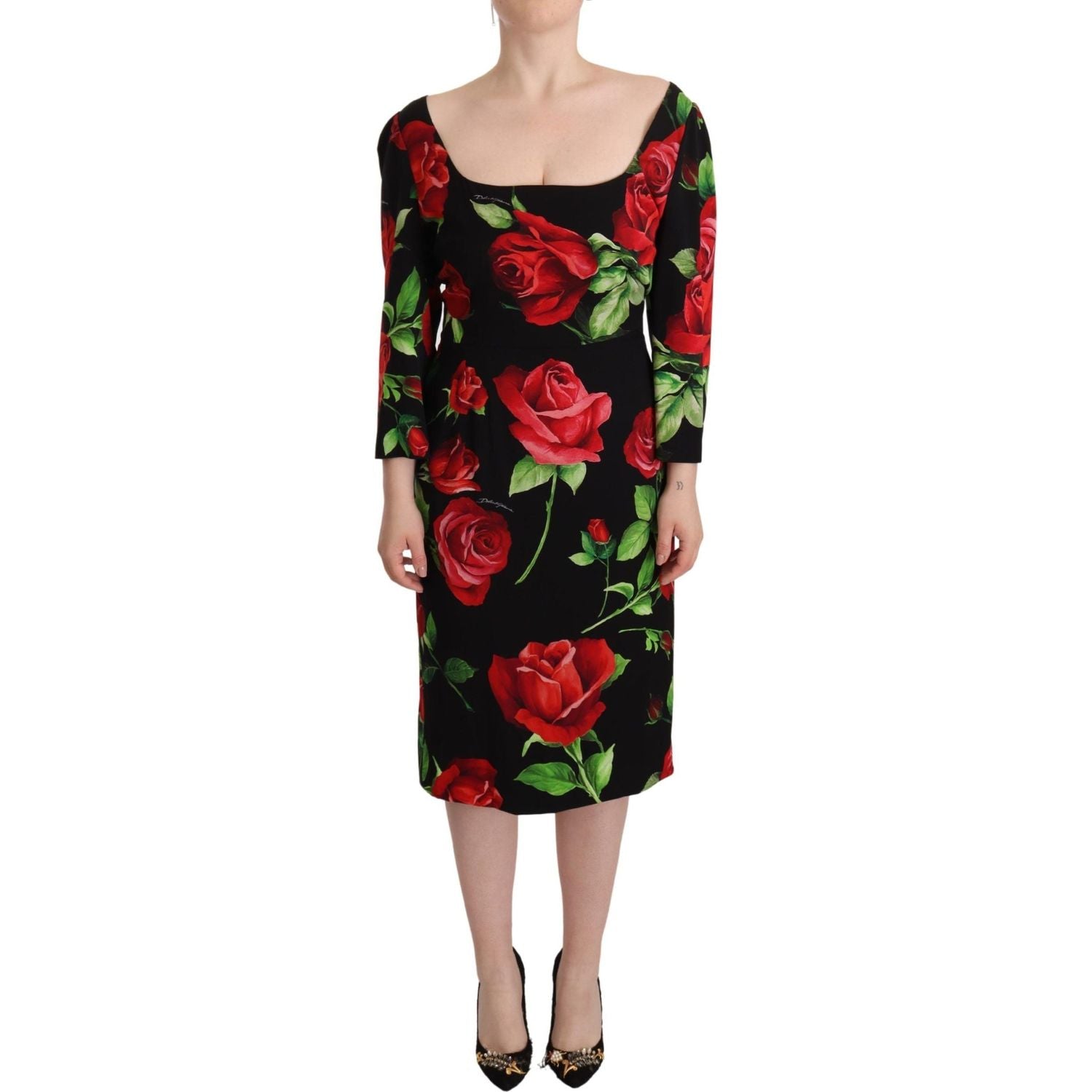 Dolce & Gabbana Black Red Roses Sheath Stretch Silk Dress