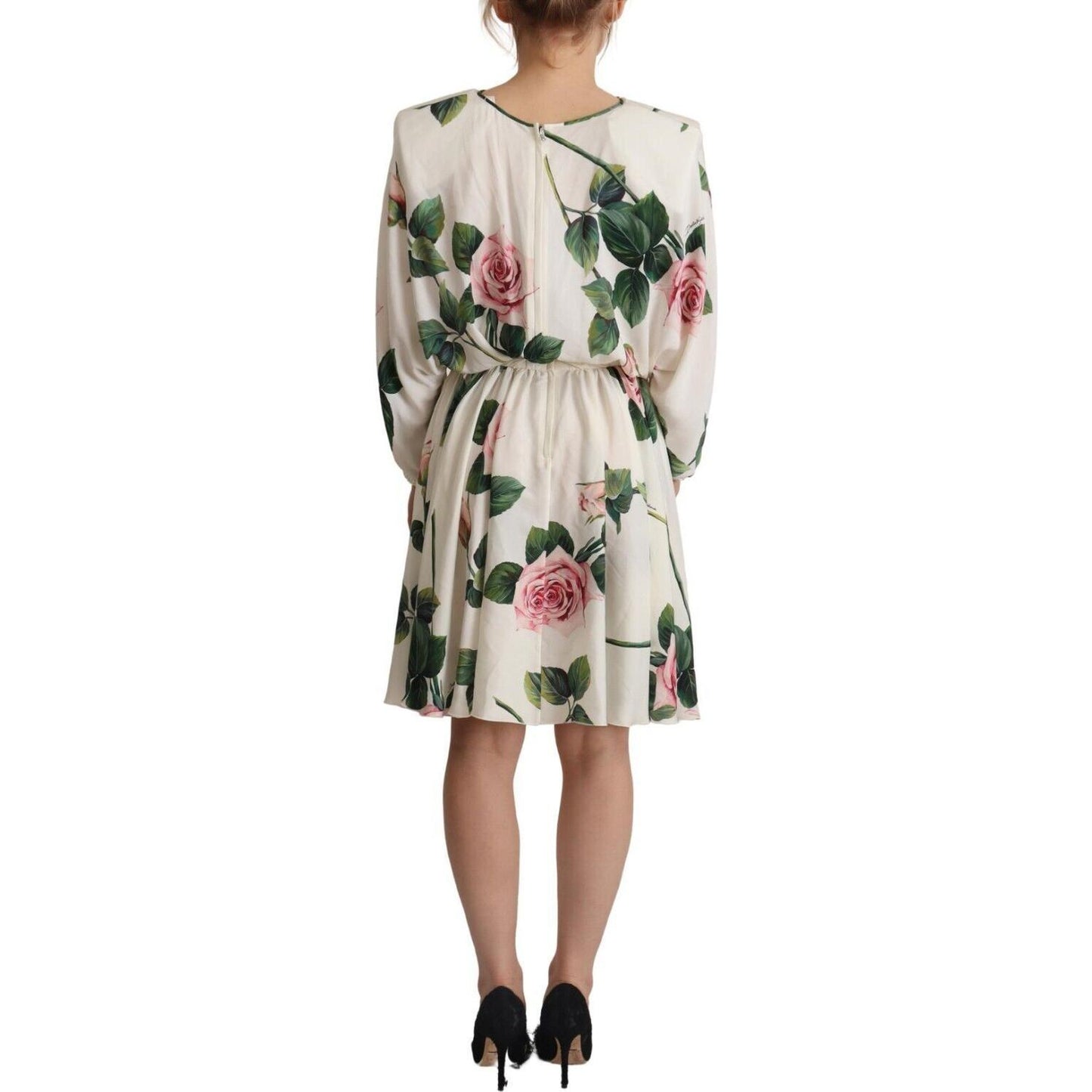 Dolce & Gabbana White Rose Print Long Sleeves A-line Dress