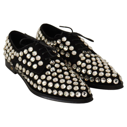 Dolce & Gabbana Black Leather Crystals Lace Up Formal Shoes