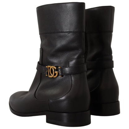 Dolce & Gabbana Black Leather Flats Logo Short Boots Shoes