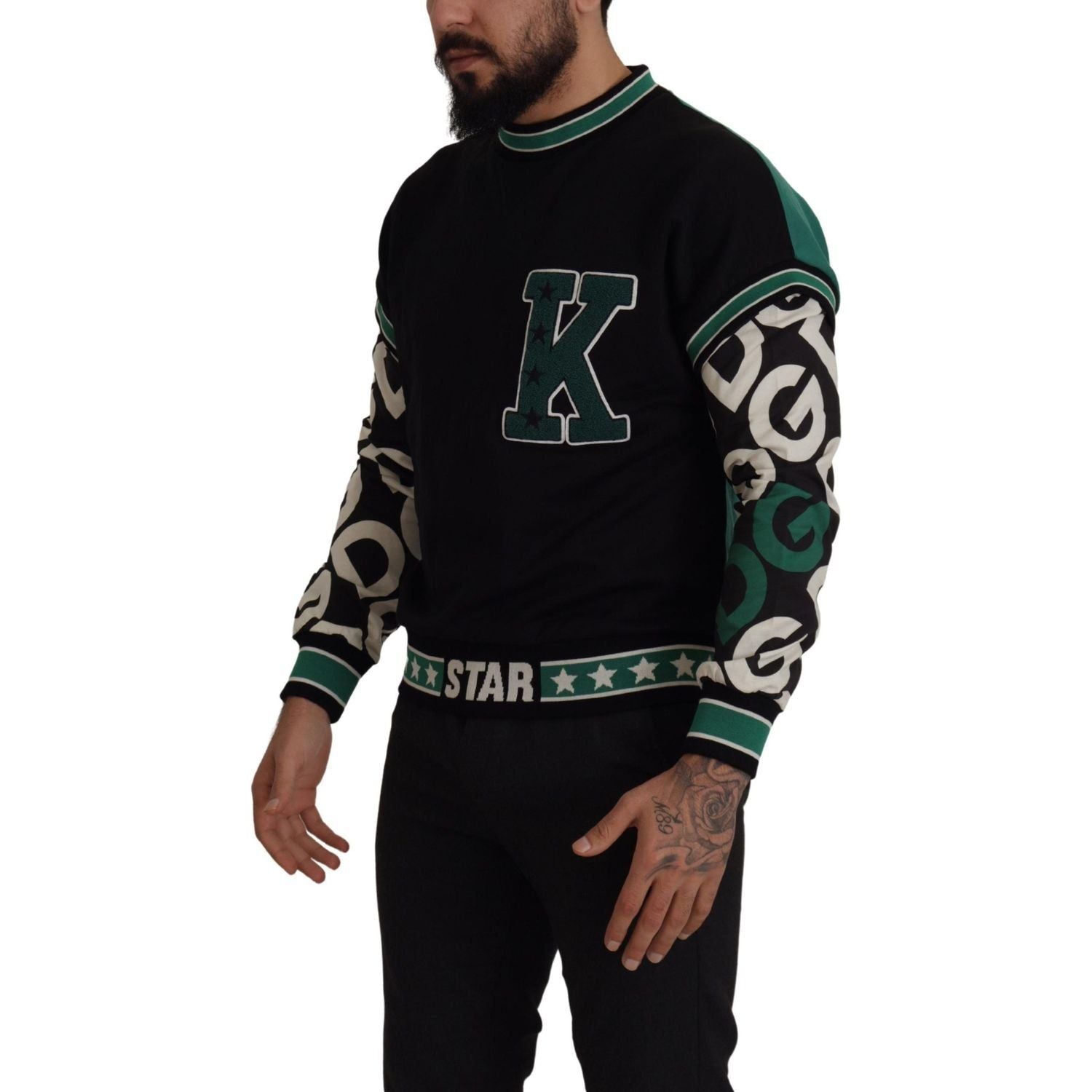 Dolce & Gabbana Black Green Cotton KING Star Crewneck Pullover Sweater