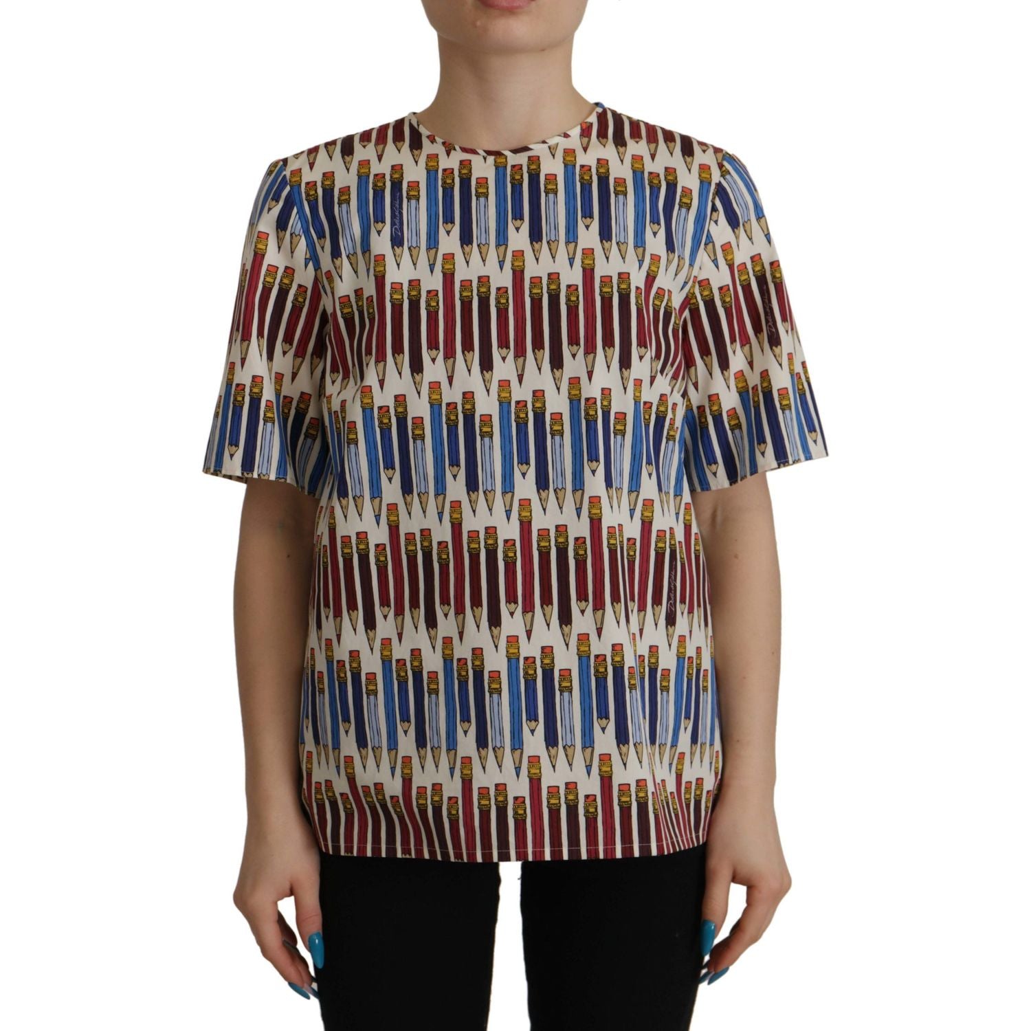 Dolce & Gabbana White Pencil Print Cotton T-shirt Blouse