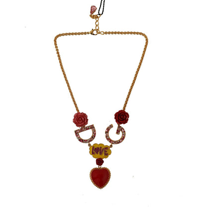 Dolce & Gabbana Gold Rose Love Crystal Charm Chain Necklace Necklace