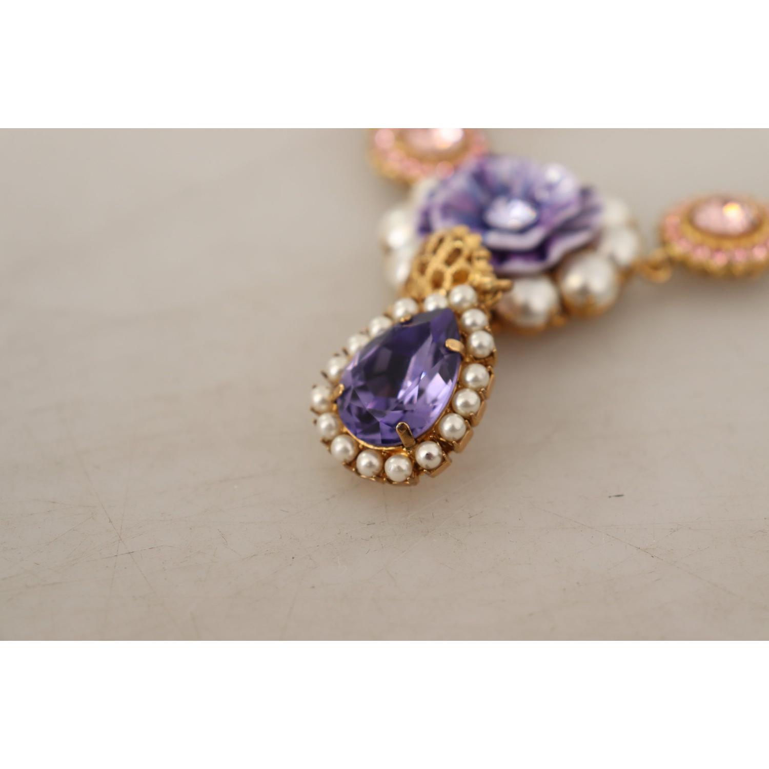 Dolce & Gabbana Gold Brass Crystal Purple Pink Pearl Pendants Necklace