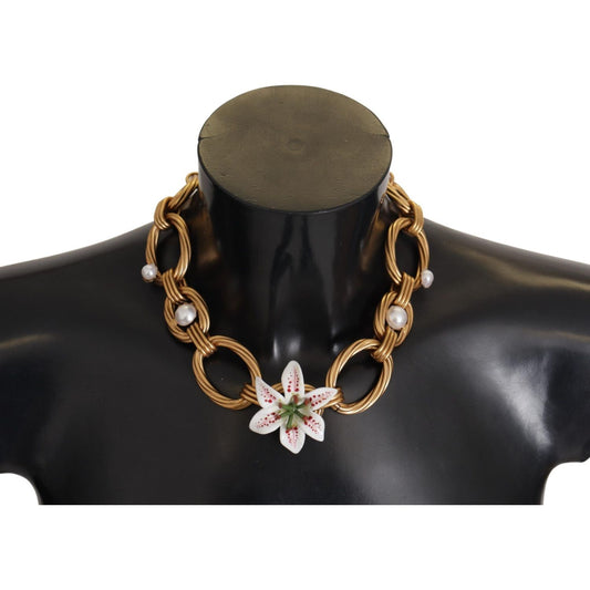 Dolce & Gabbana Gold White Lily Floral Chain Statement Necklace SMY100991