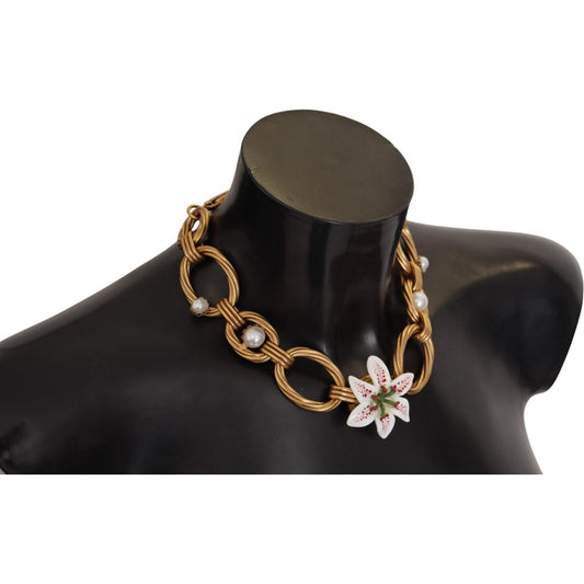 Dolce & Gabbana Gold White Lily Floral Chain Statement Necklace SMY100991