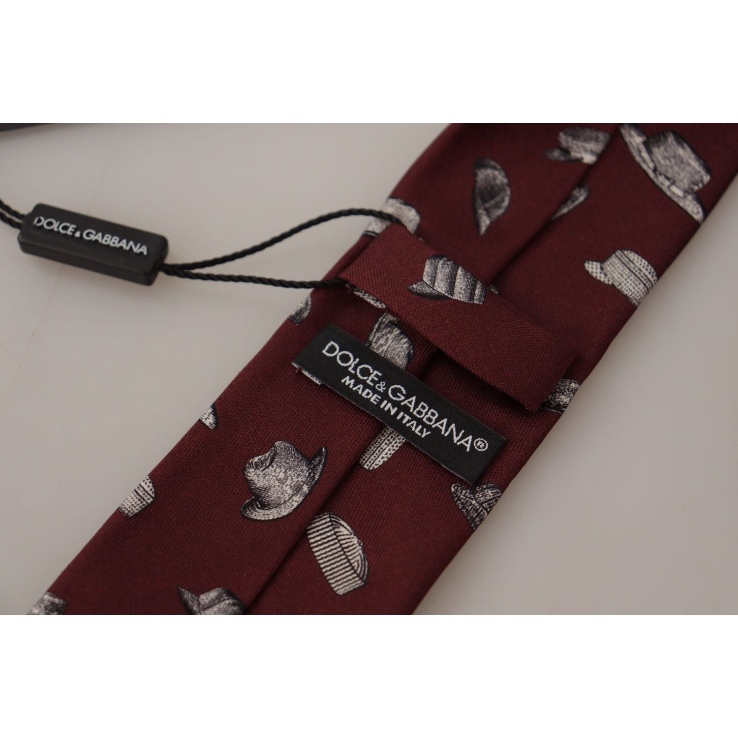 Dolce & Gabbana Maroon Hat Pattern 100% Silk Adjustable Accessory Tie