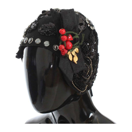 Dolce & Gabbana Black Crystal Gold Cherries Brooch Hat Cap