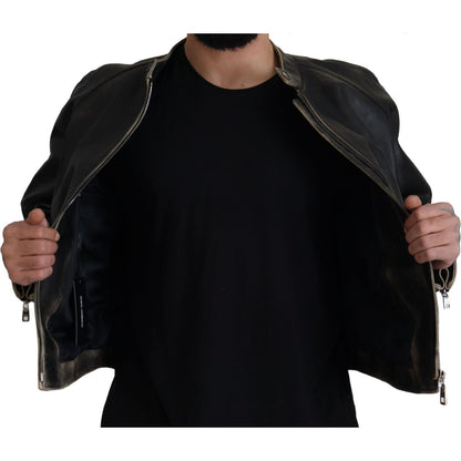 Dolce & Gabbana Black Leather Zipper Biker Coat Jacket