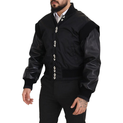 Dolce & Gabbana Black Nylon Crystals Coat Buttons Jacket