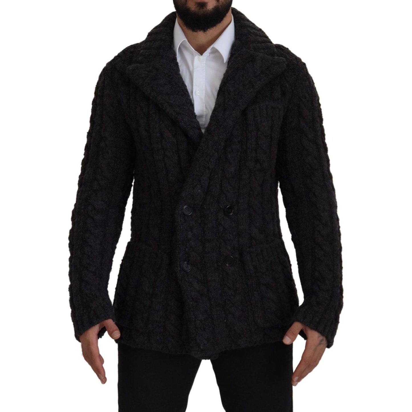Dolce & Gabbana Black Wool Knit Double Breasted Coat Jacket