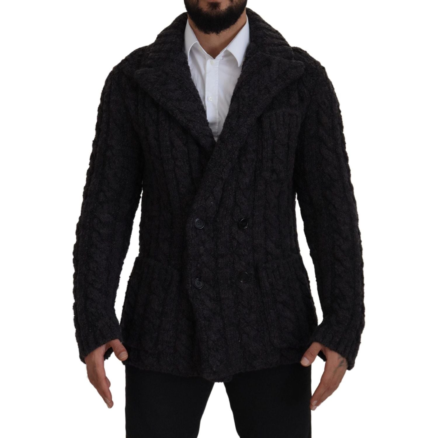 Dolce & Gabbana Black Wool Knit Double Breasted Coat Jacket