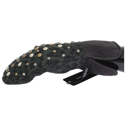 Dolce & Gabbana Gray Wool Shearling Studded Green Leopard Gloves
