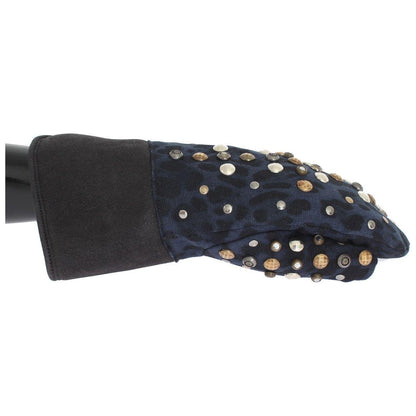 Dolce & Gabbana Gray Wool Shearling Studded Blue Leopard Gloves