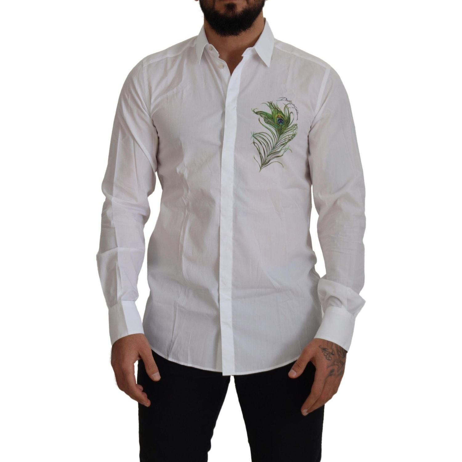 Dolce & Gabbana White Cotton Peacock Feather Formal GOLD Shirt