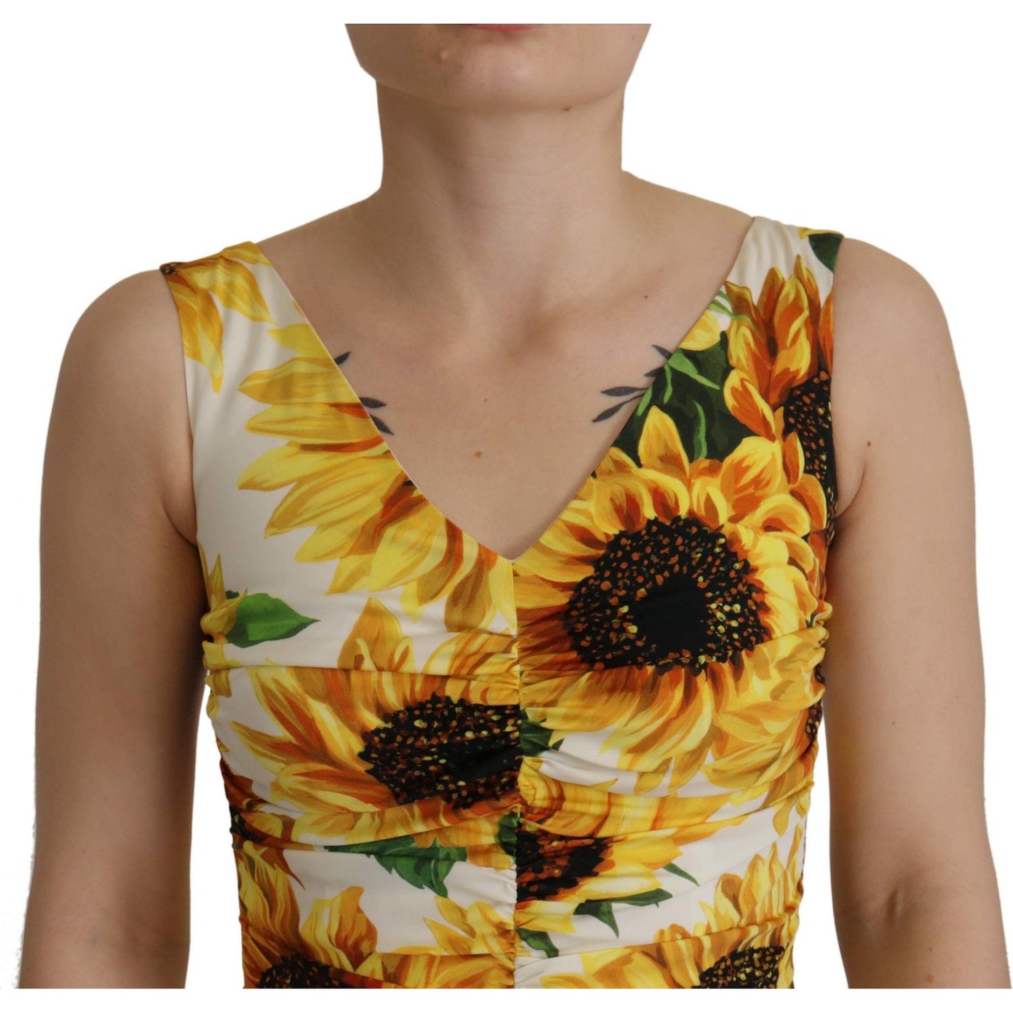 Dolce & Gabbana White Sunflower Print Sheath Midi Silk