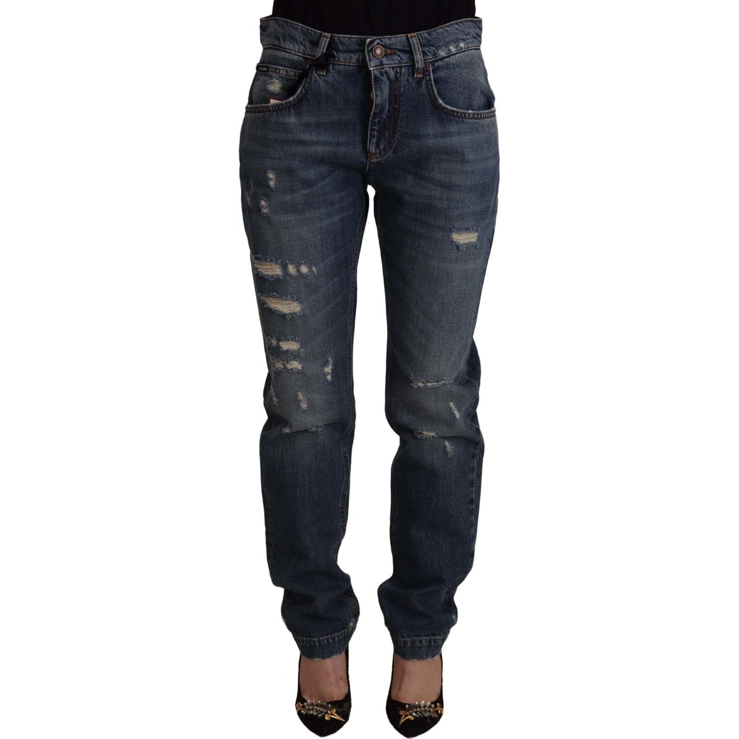 Dolce & Gabbana Blue Denim Baroque Heart Logo Patch Pants Jeans