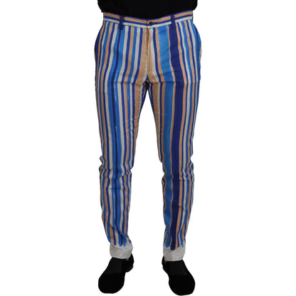 Dolce & Gabbana Blue Striped Silk Cotton Slim Trousers Pants