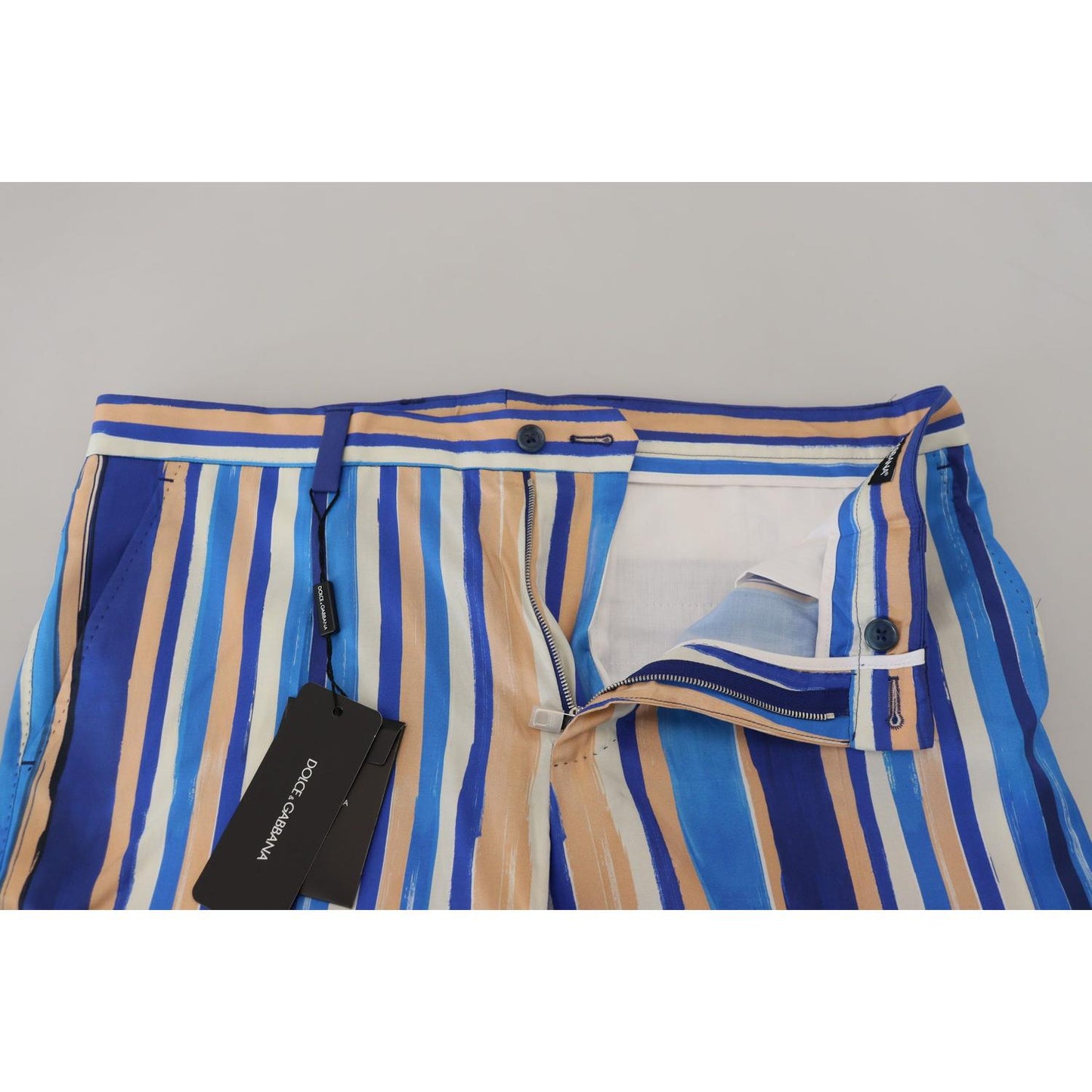 Dolce & Gabbana Blue Striped Silk Cotton Slim Trousers Pants