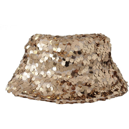 Dolce & Gabbana Gold Silk Sequin Embellished Designer Brim Bucket Hat