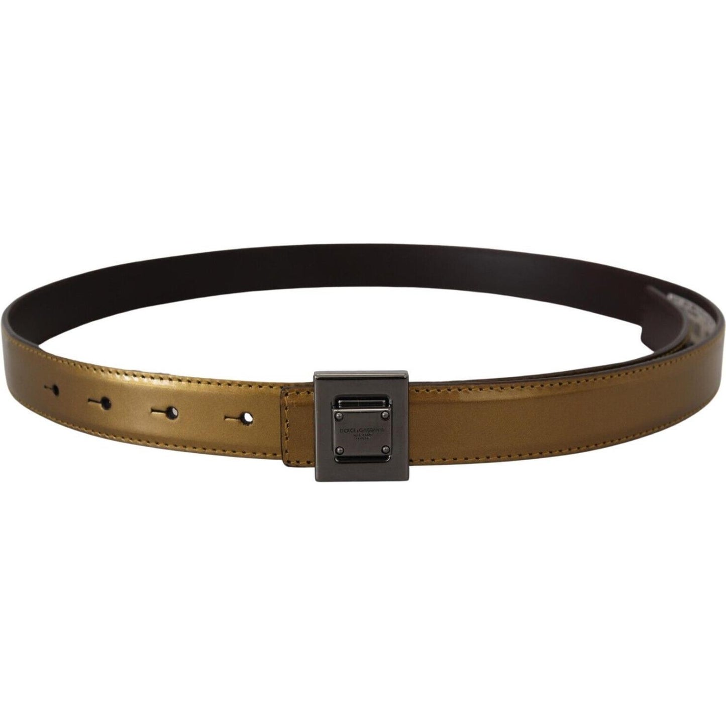 Dolce & Gabbana Gold Leather Silver Square Metal Buckle Belt