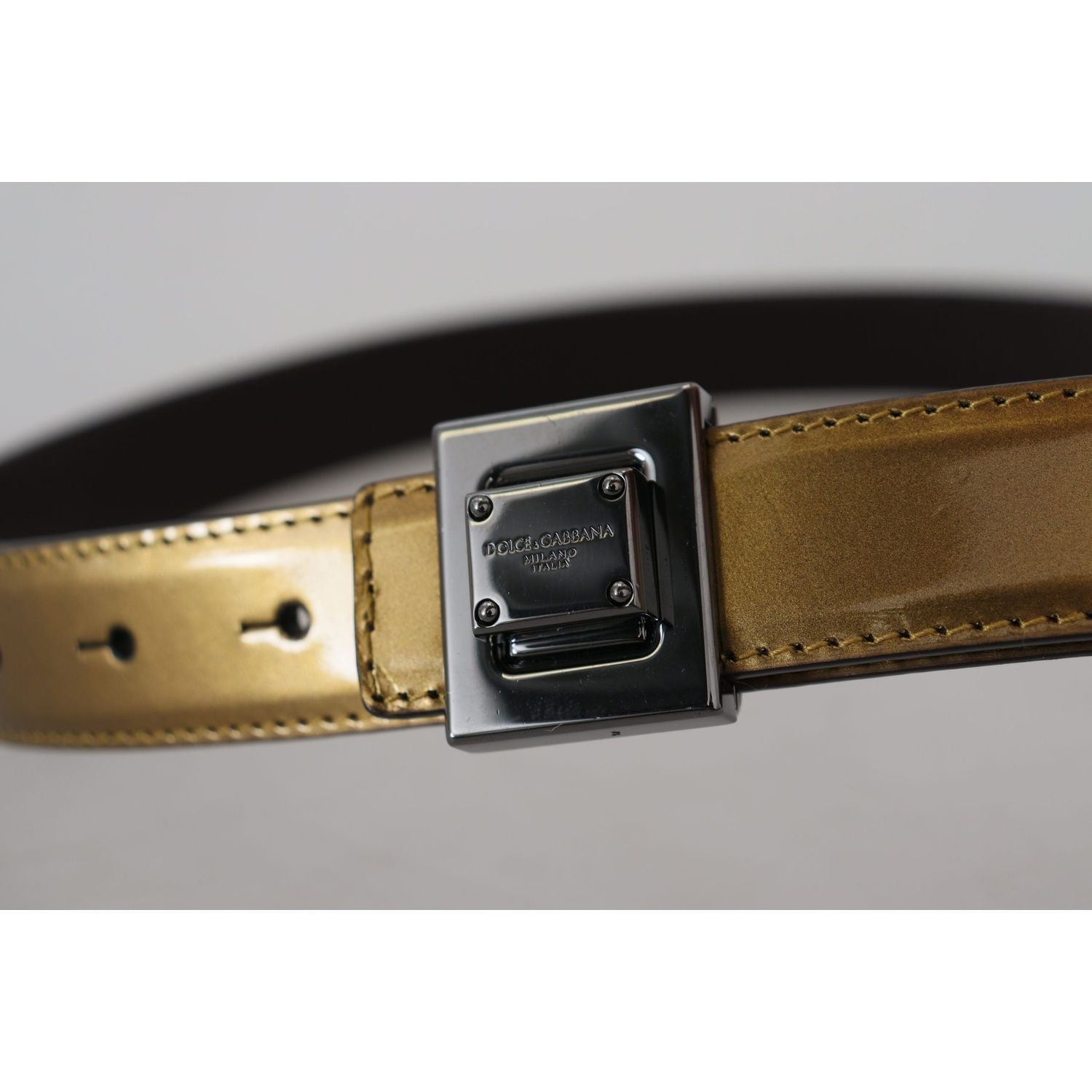 Dolce & Gabbana Gold Leather Silver Square Metal Buckle Belt
