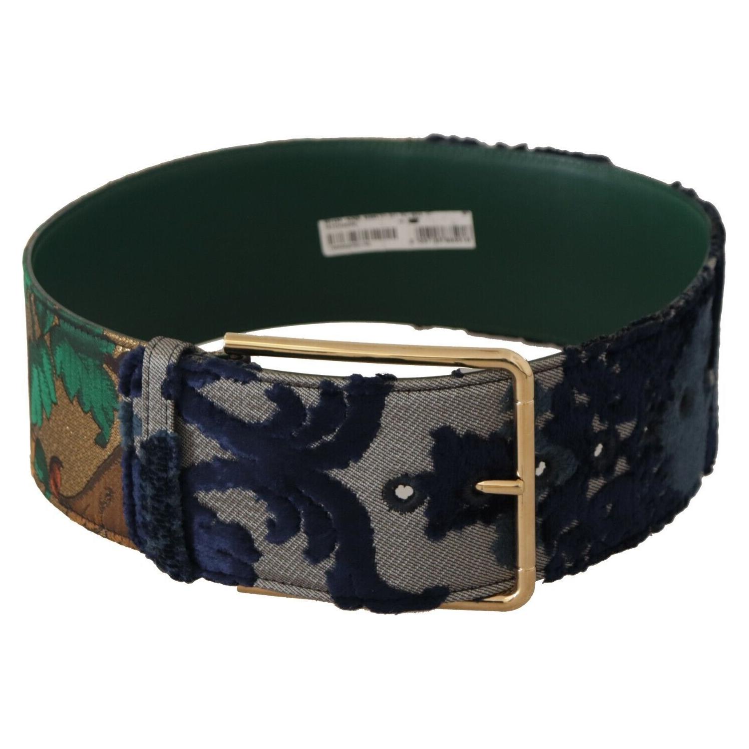 Dolce & Gabbana Green Jaquard Embroid Leather Gold Metal Belt