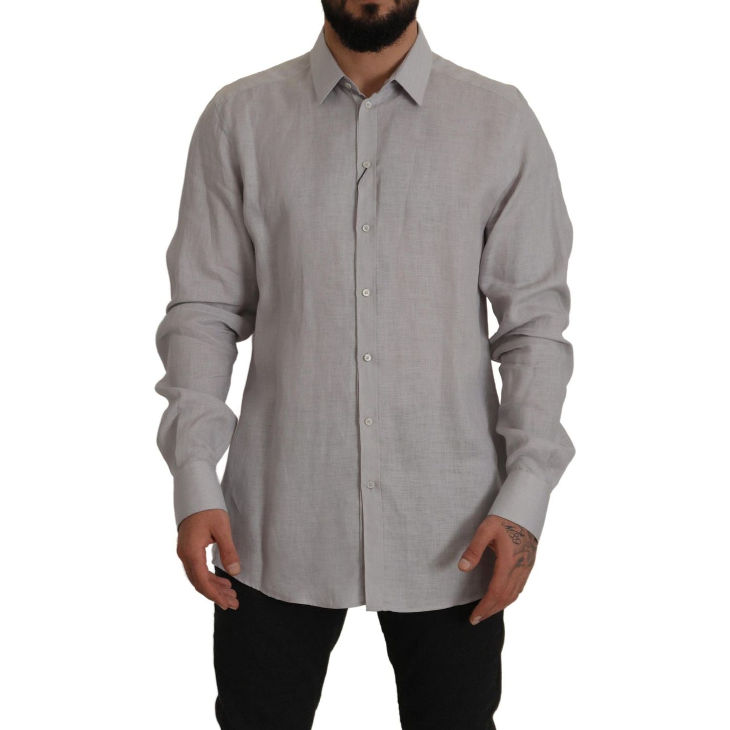 Dolce & Gabbana Gray Linen Long Sleeves Formal GOLD Shirt MAN SHIRTS