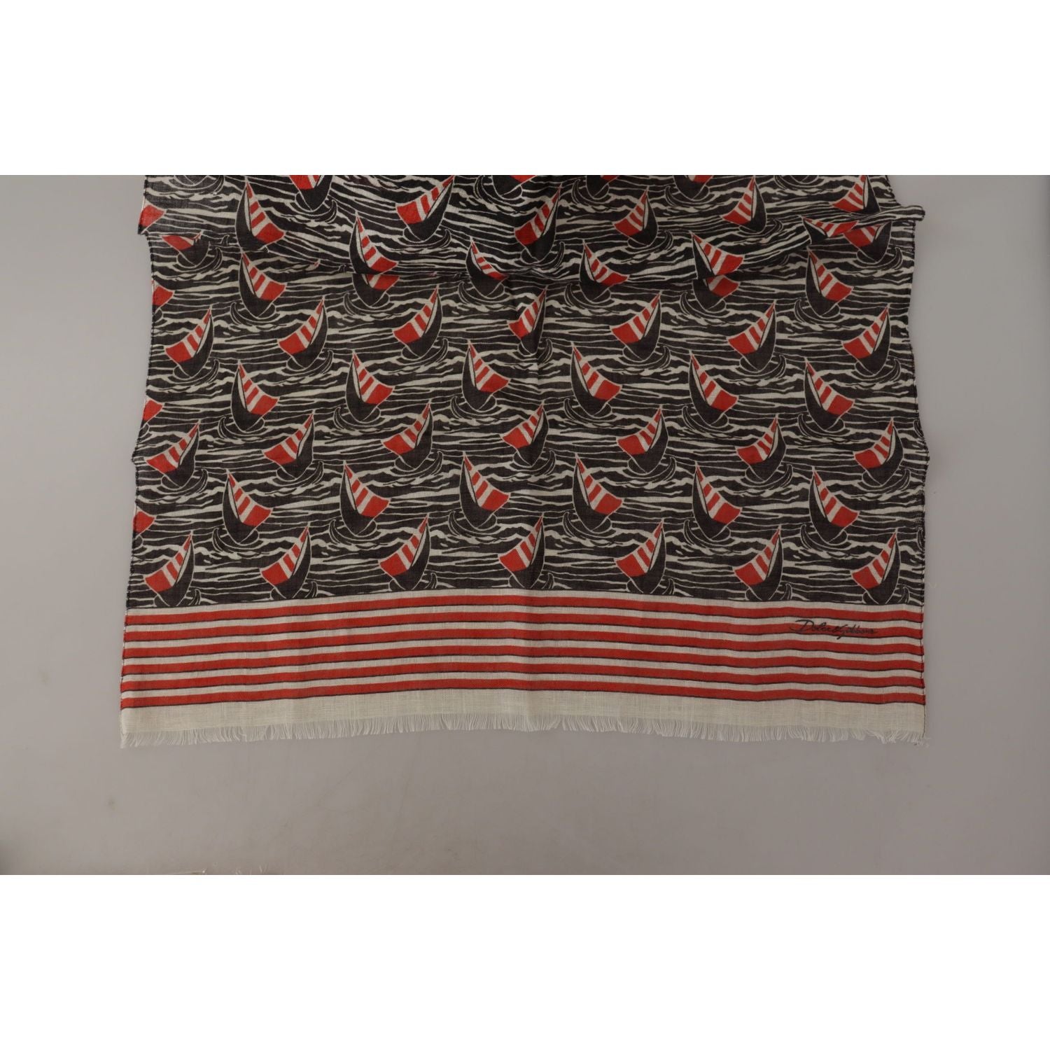 Dolce & Gabbana Black Red Linen Sailboat Stripe Print Shawl Scarf