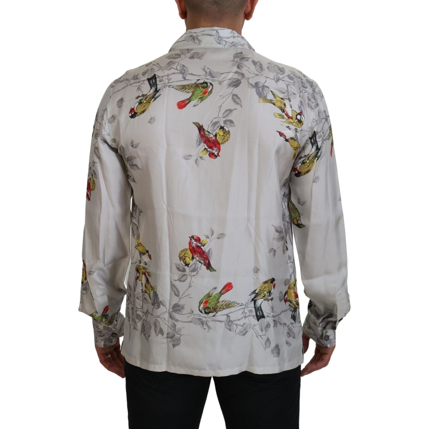 Dolce & Gabbana White Bird Print Silk Satin Casual Shirt