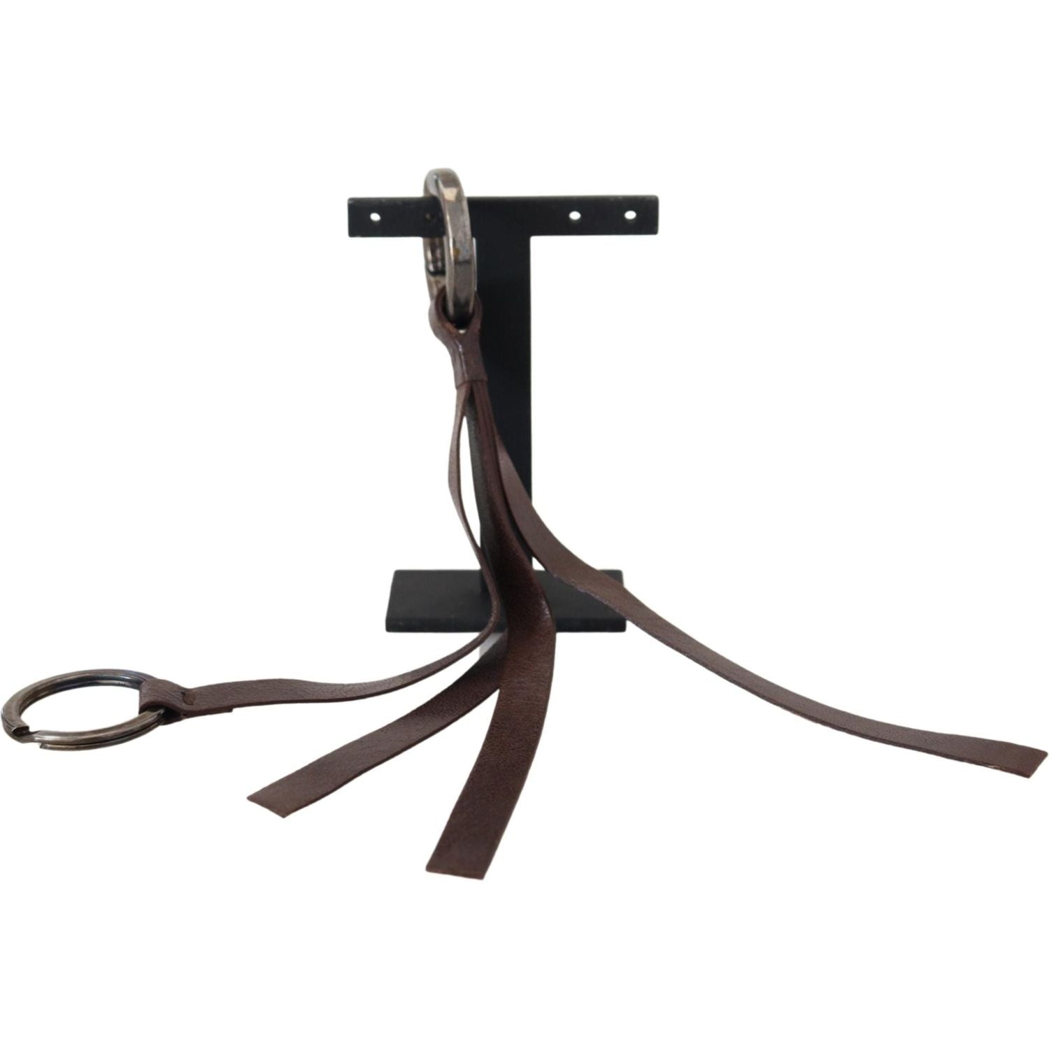 Costume National Brown Leather Silver Tone Metal Keyring Keychain