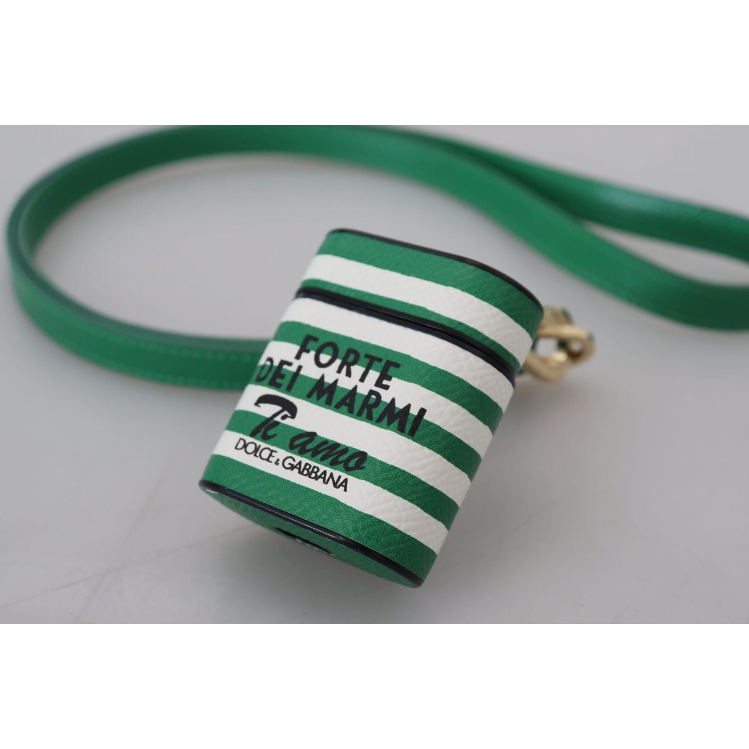 Dolce & Gabbana Green Leather Strap Gold Metal Logo Airpods Case
