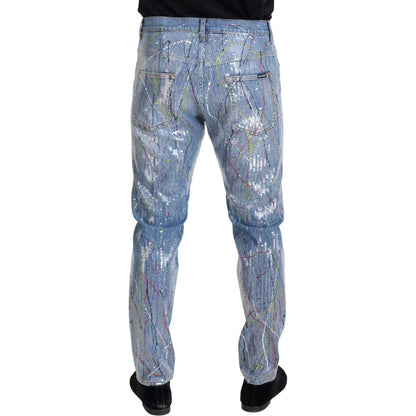 Dolce & Gabbana Blue Cotton Color Splash Print Denim Jeans