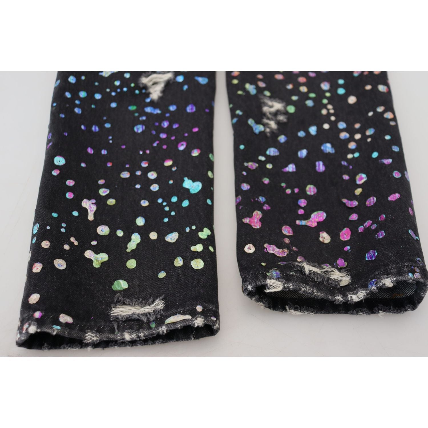 Dolce & Gabbana Black Multicolor Print Tattered Denim Jeans