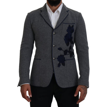 Dolce & Gabbana Gray Wool Roses Slim Fit Jacket Blazer