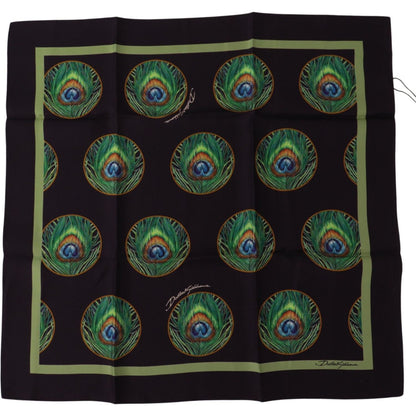 Dolce & Gabbana Black Peacock Feather DG Printed Square Handkerchief Scarf