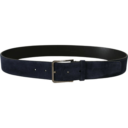 Dolce & Gabbana Navy Blue Velvet Leather Silver Logo Buckle Belt