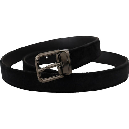 Dolce & Gabbana Black Velvet Silver Tone Logo Metal Buckle Belt