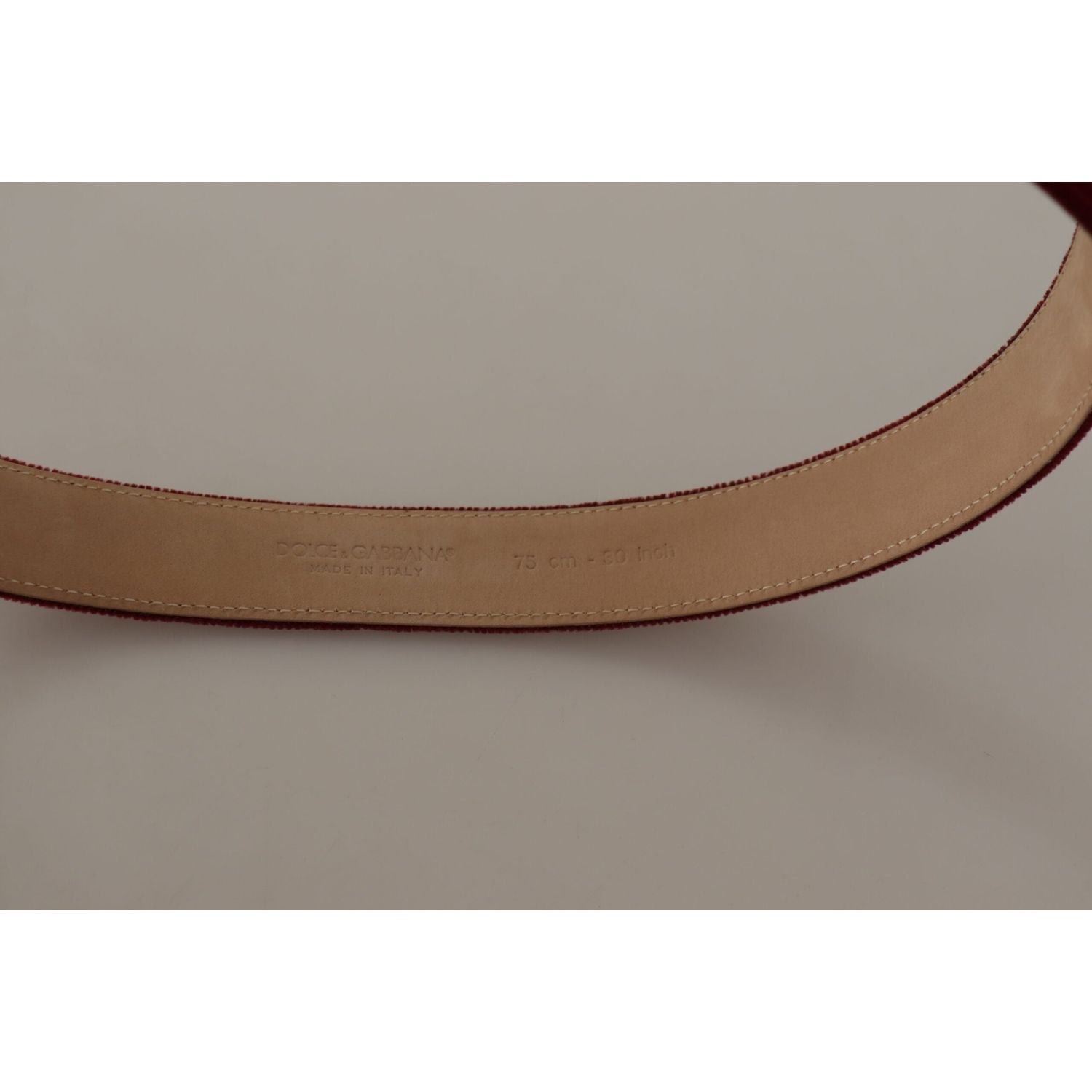 Dolce & Gabbana Red Velvet Silver Logo Engraved Metal Buckle Belt