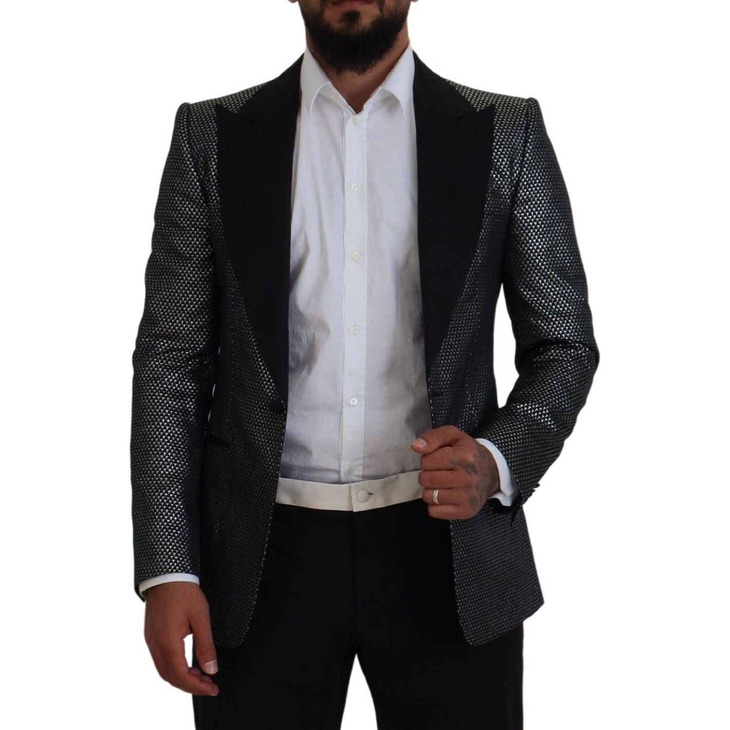 Dolce & Gabbana Black Silver Jacquard Slim Fit Jacket Blazer