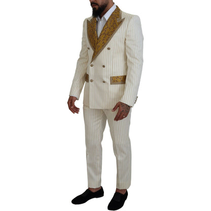 Dolce & Gabbana Off White Gold Striped Tuxedo Slim Fit Suit