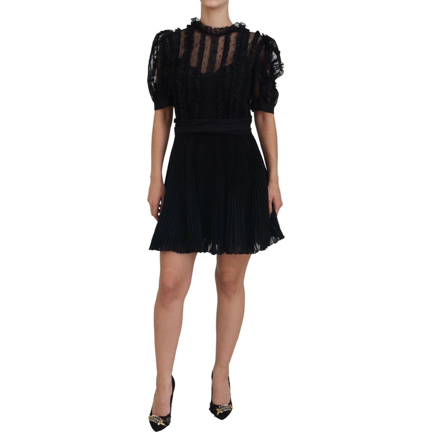 Dolce & Gabbana Black Lace Trim A-line Mini Nylon Dress