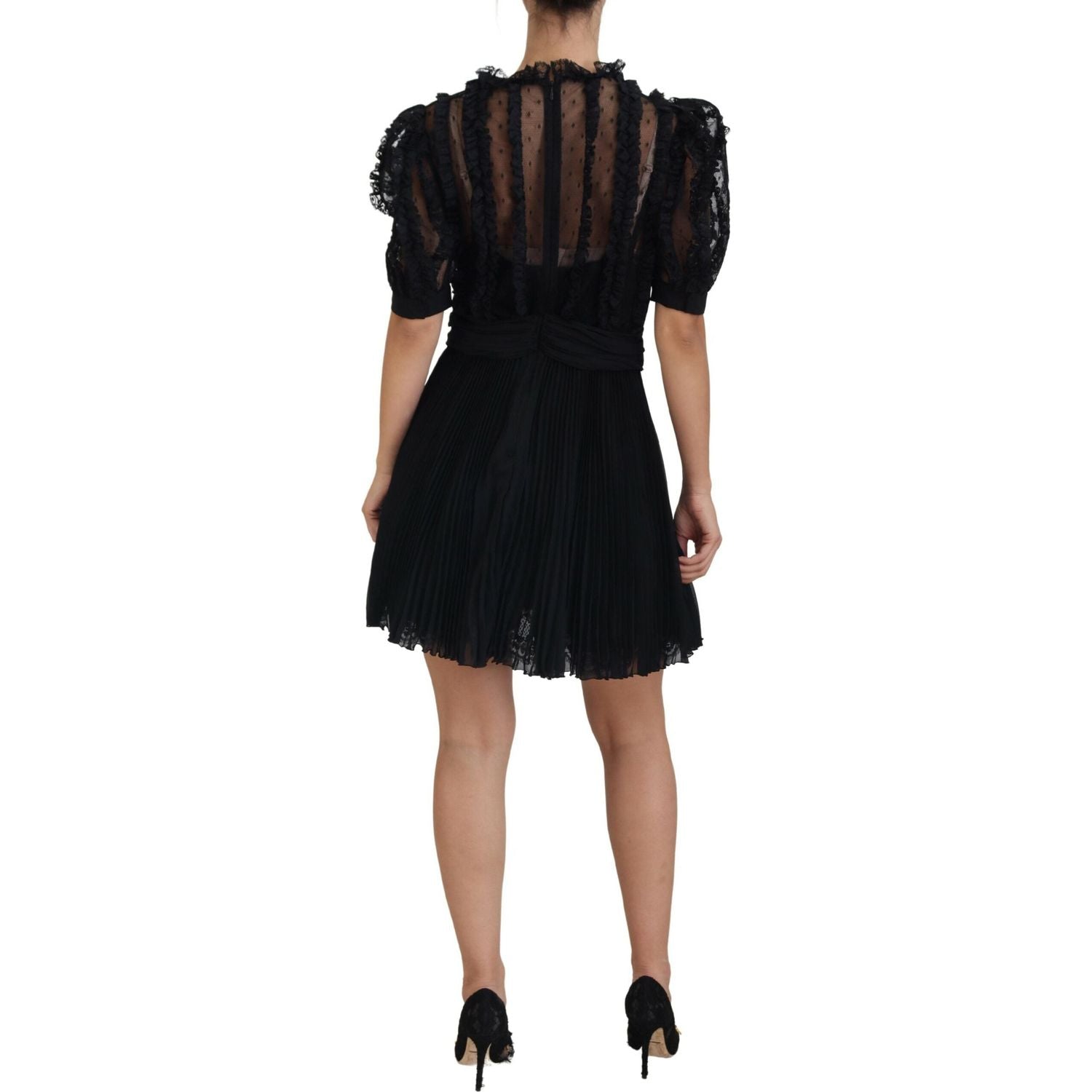 Dolce & Gabbana Black Lace Trim A-line Mini Nylon Dress